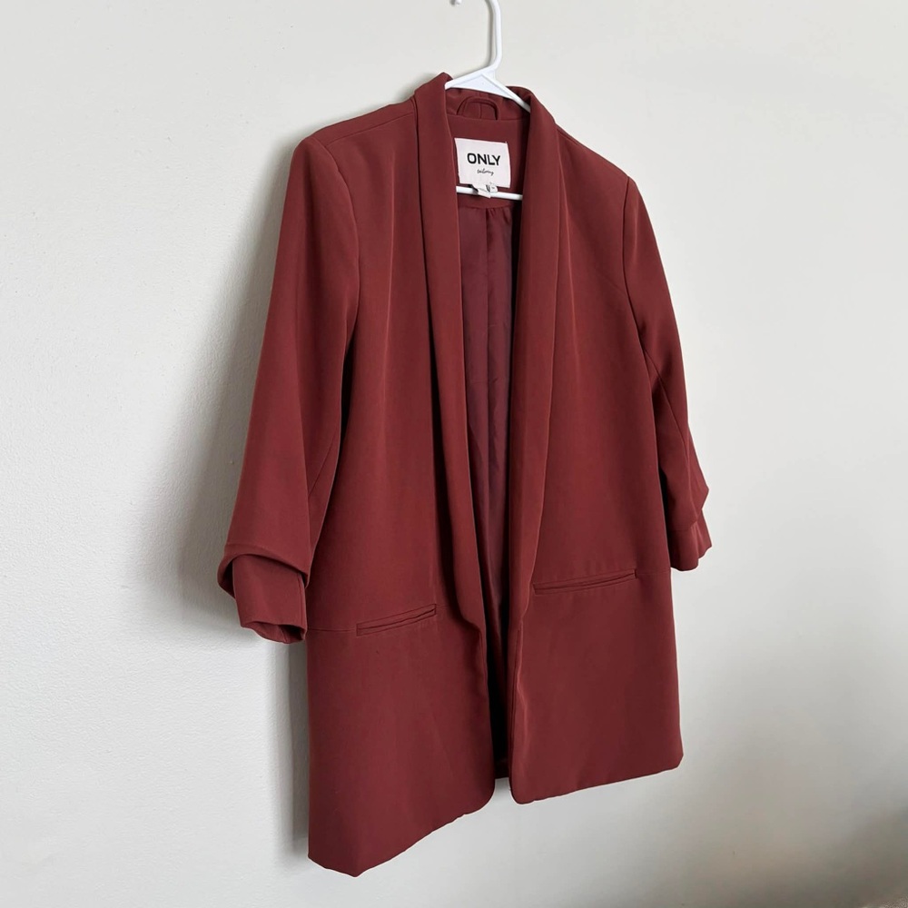 ONLY Tailoring Rust Burnt Orange Ruched Sleeve Open Front Blazer Terracotta Chic - Picture 2 of 5